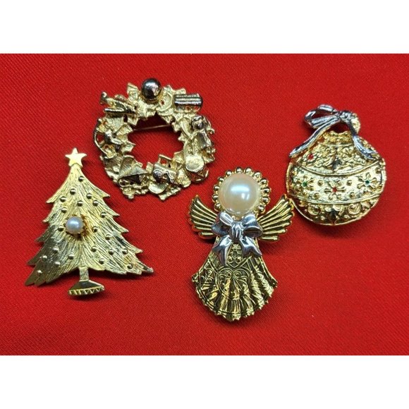 Christmas Pins Brooches Set of 4 Christmas Tree Angel Pearl Wreath Ornament - Picture 2 of 12